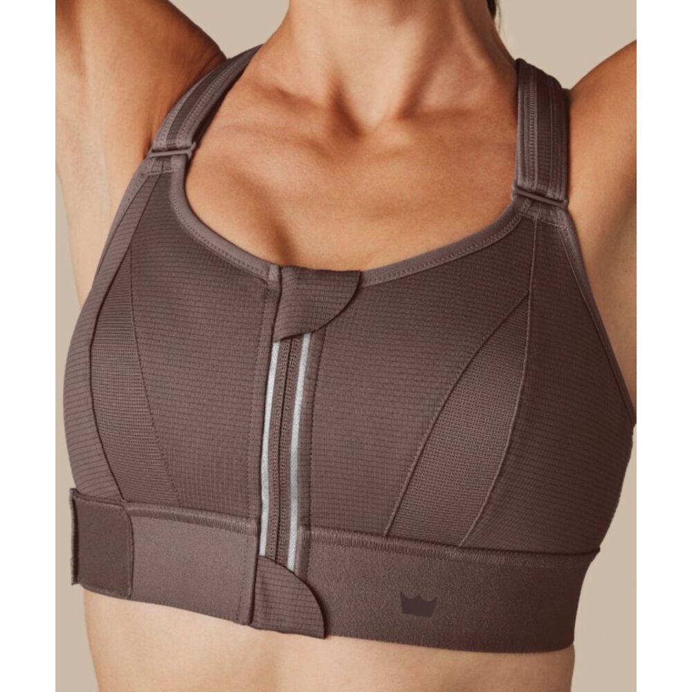 SHE-FIT Brown Sz 4 LUXE Wirefree Front Zip Adjustable High Impact Sports Bra